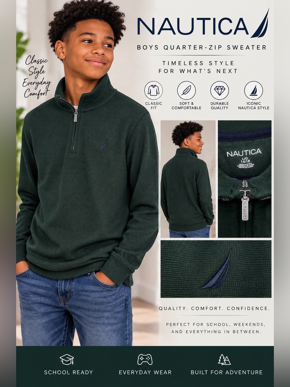 Nautica boys Dark Green Quarter-Zip Sweater size 14/16